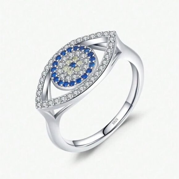 S925 Sterling Silver Transparent Square Cubic Zirconia Ring With Blue Zirconia - Picture 1 of 5